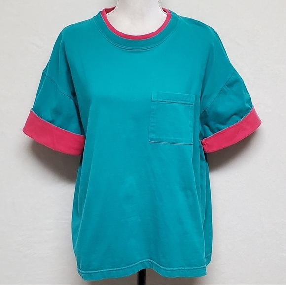 VINTAGE 90s Teal Hot Pink Oversized Boxy Cut Cuffed Short Sleeve Cropped Tee - Picture 4 of 13
